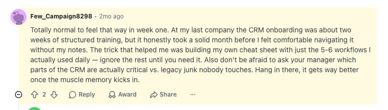 CRM training Reddit comment