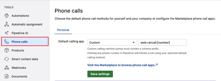 Call management software Pipedrive default calling app settings