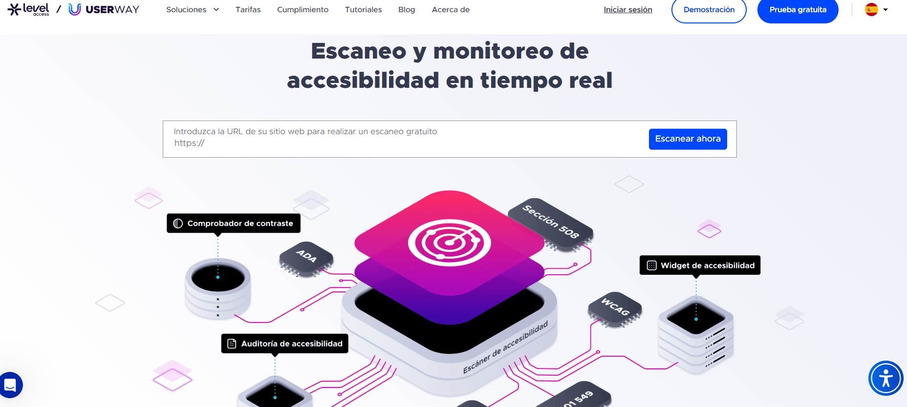 Captura de pantalla de una página web que promociona un escáner de accesibilidad en tiempo real