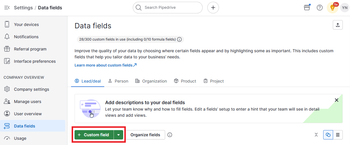Channel partner Pipedrive custom fields