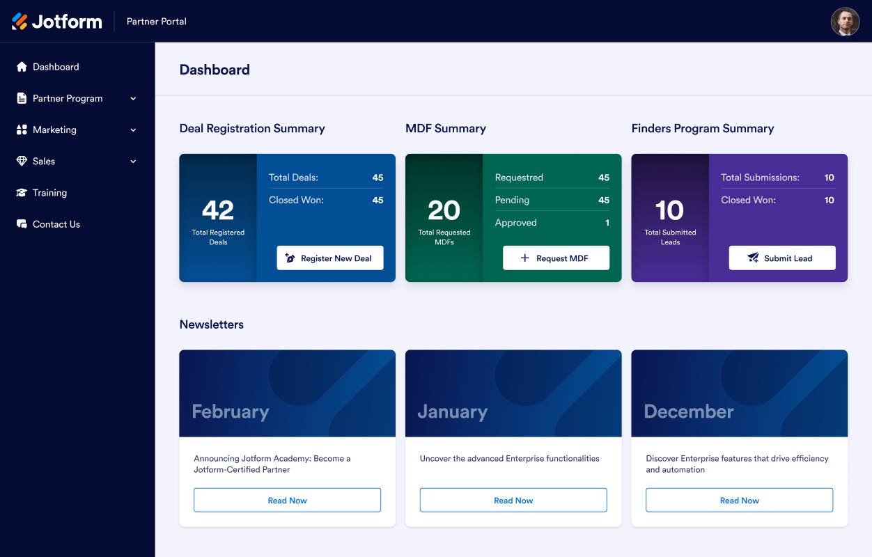 Channel partner management Jotform partner dashboard