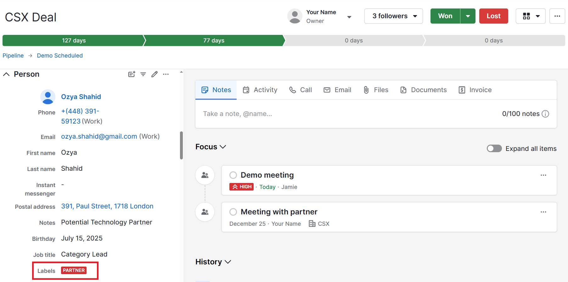 Channel partner management Pipedrive deal example