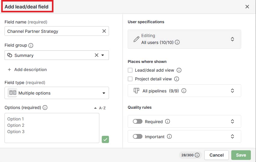 Channel partner strategy custom field