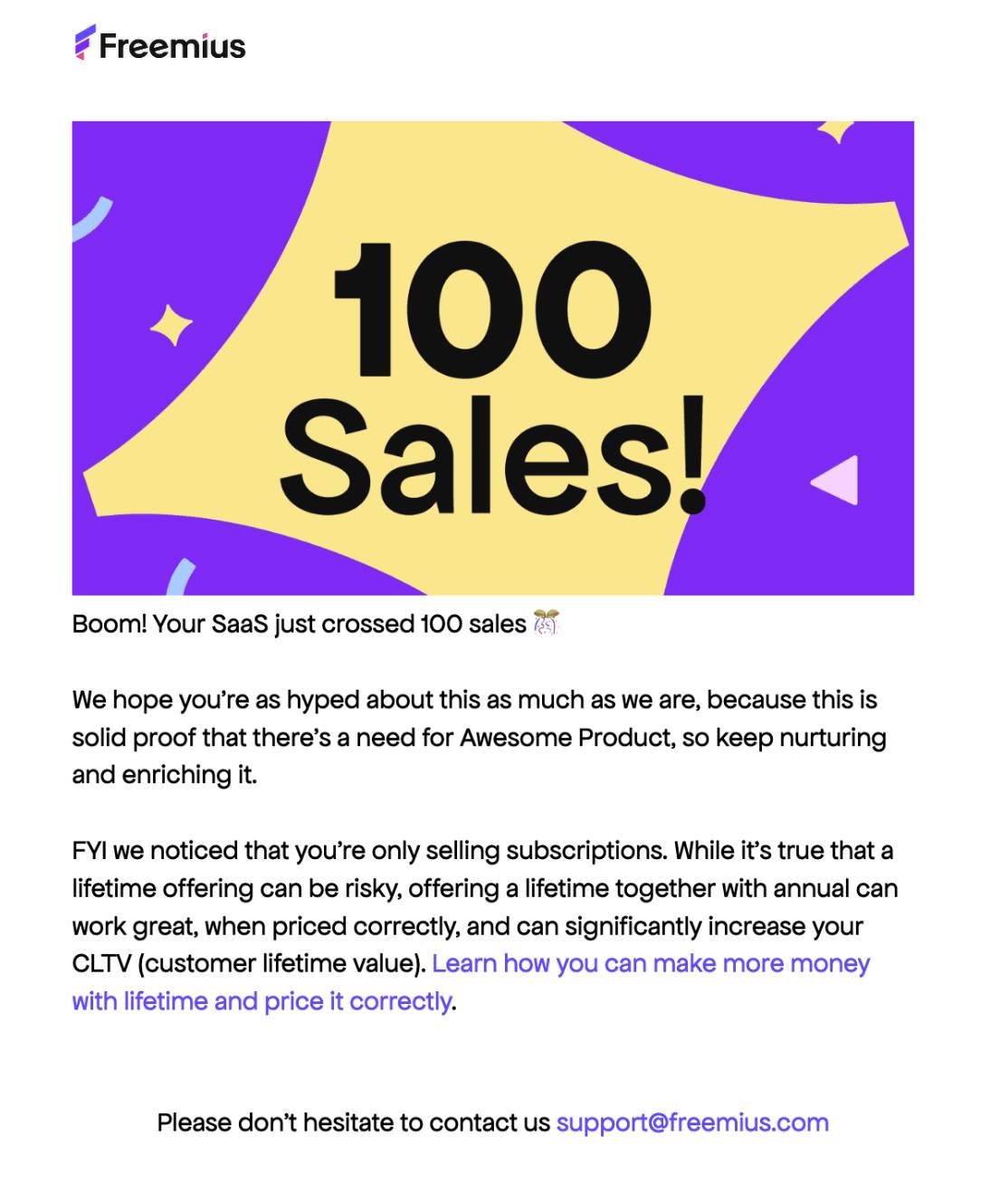 Client Appreciation Day 100 sales milestone email