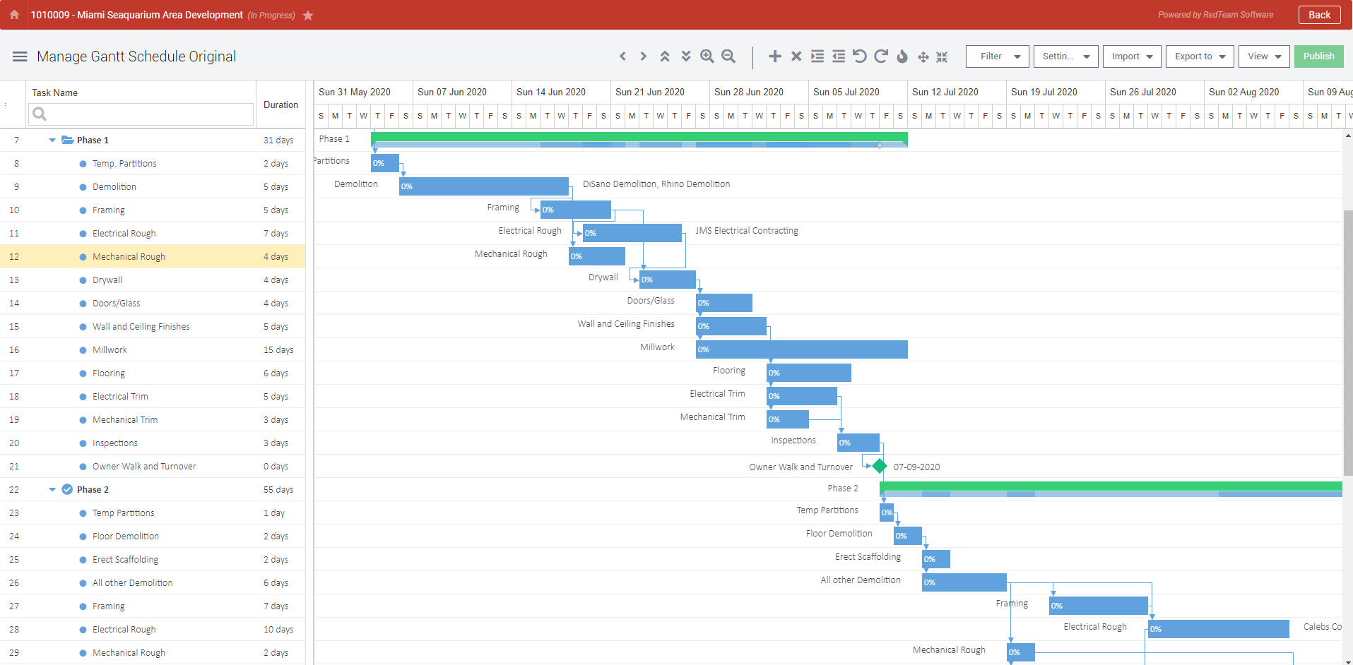 Construction project management software RedTeam Gantt schedule
