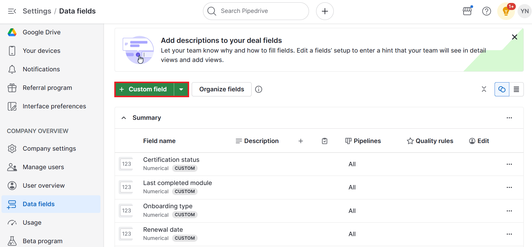 Contact segmentation Pipedrive custom data fields