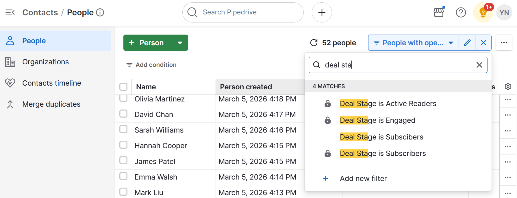 Contact segmentation Pipedrive filters contacts