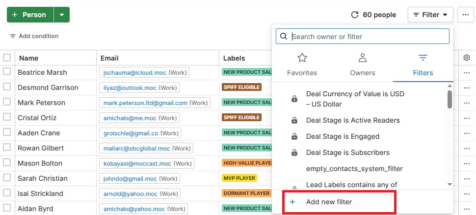 Contact segmentation Pipedrive saved views