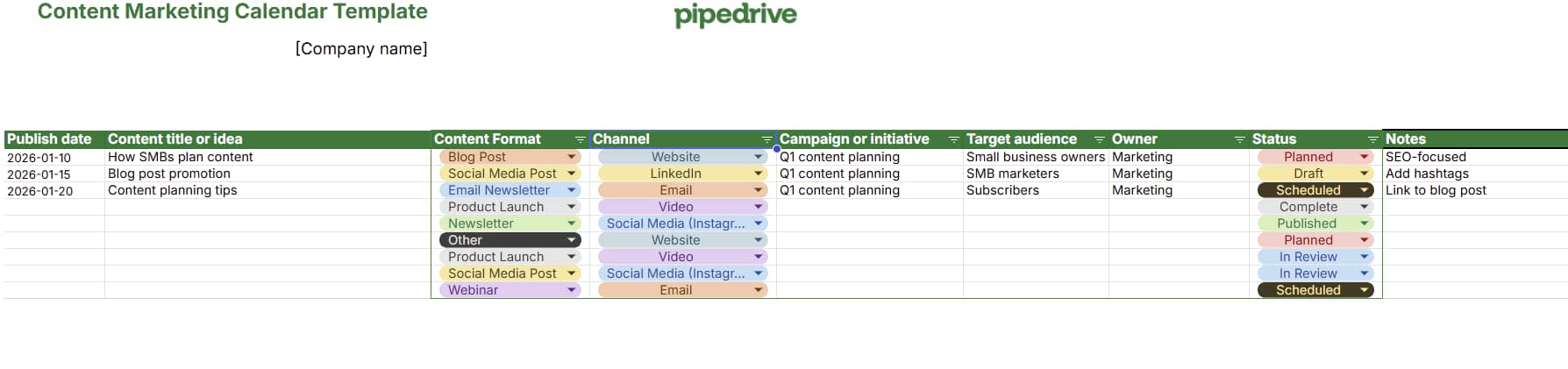 Content marketing calendar template