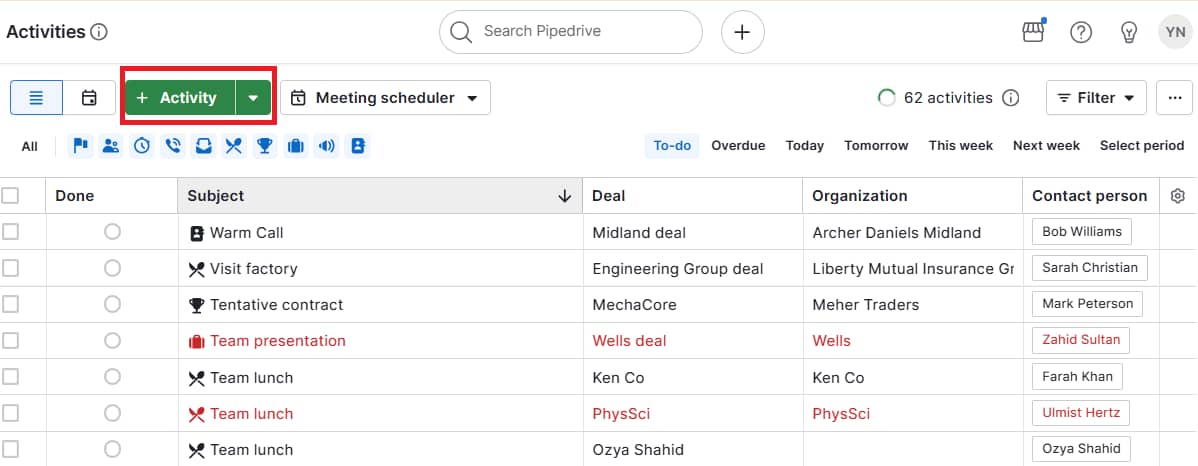Content marketing calendar Pipedrive activity calendar