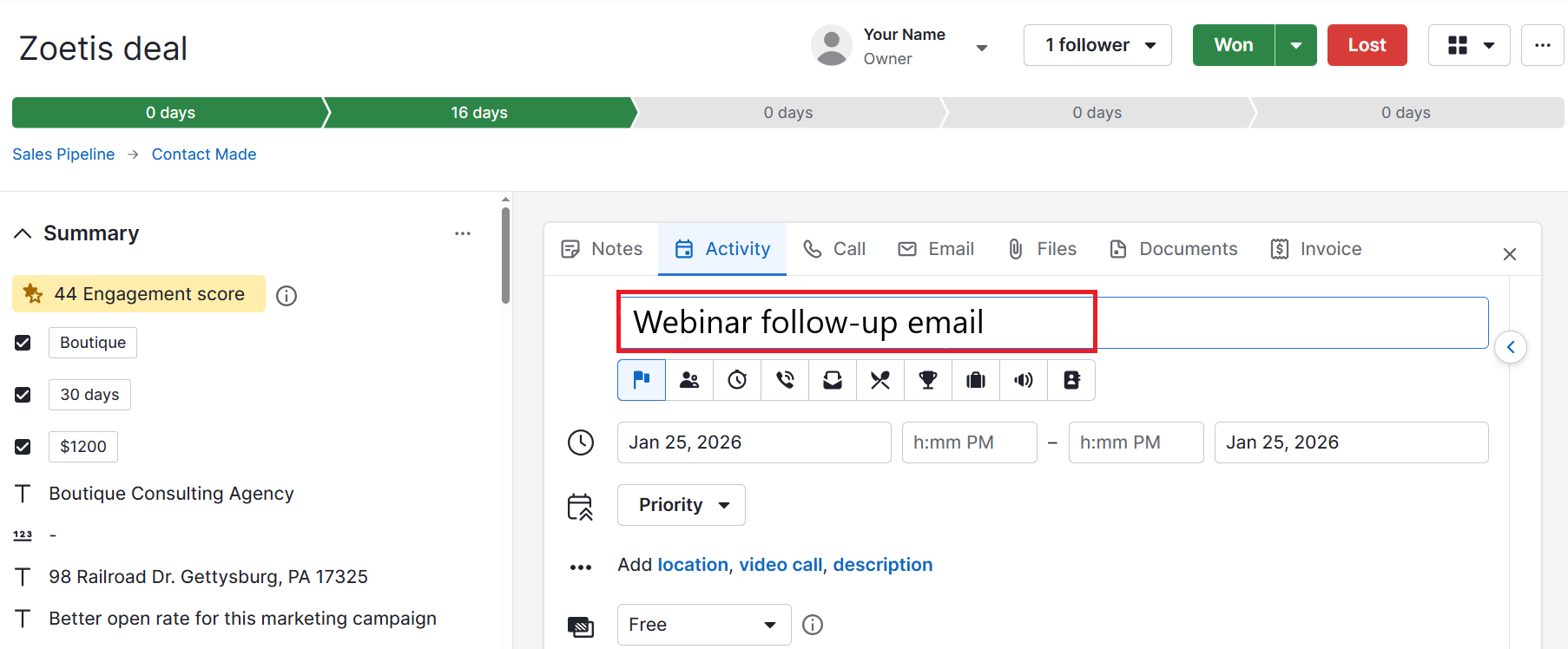 Content marketing calendar Pipedrive deal view