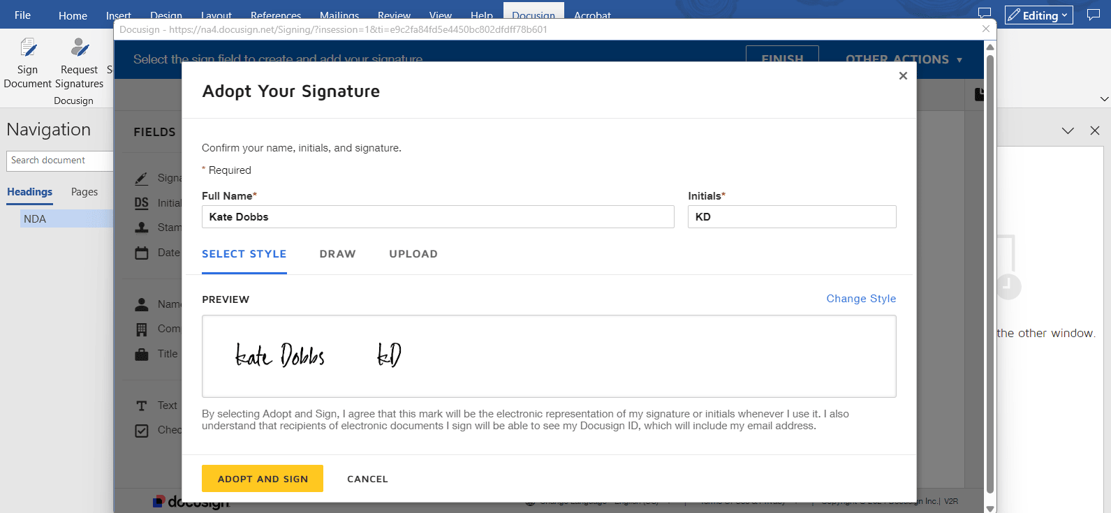 Contract management software Docusign example