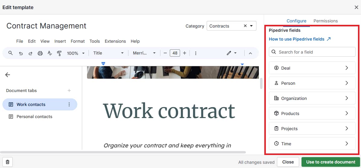 Contract management software Pipedrive Smart Docs fields