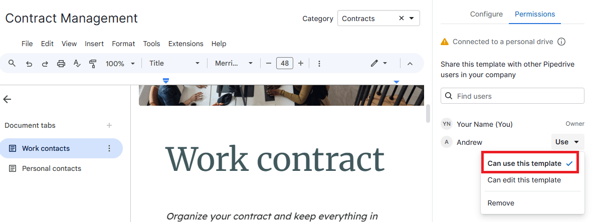 Contract management software Smart Docs permissions