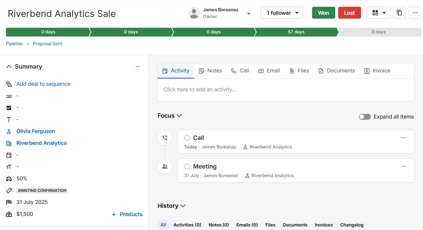 Corporate social network Pipedrive deal detail view