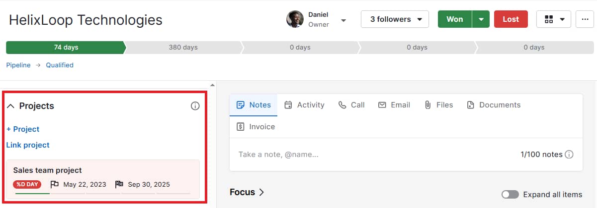 Creative agency project management software Pipedrive projects in deals