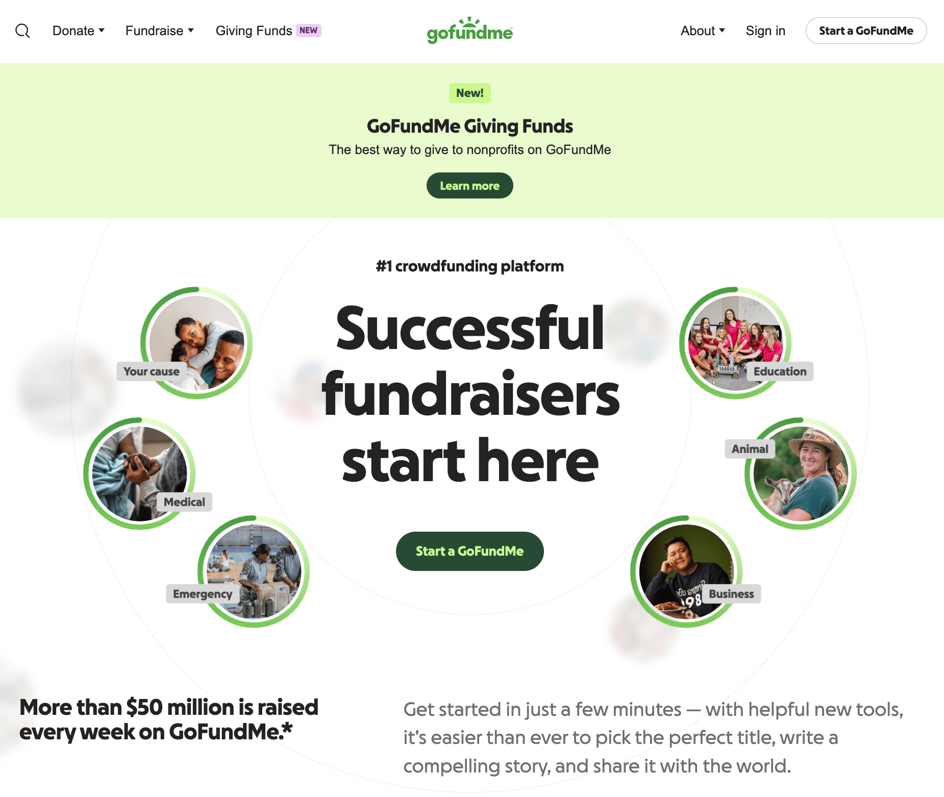 Crowdfunding for small business GoFundMe homepage