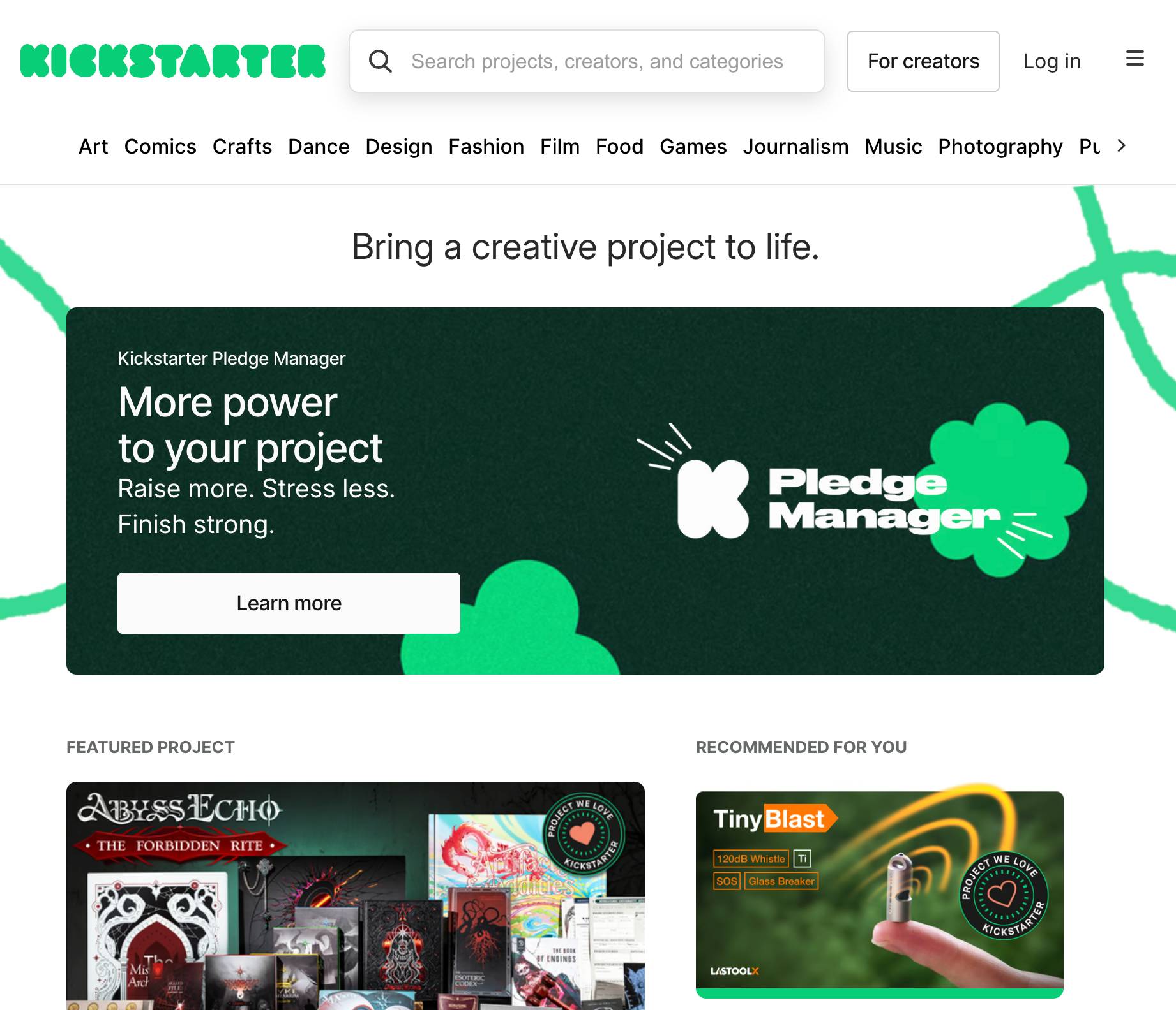 Crowdfunding for small business Kickstarter homepage