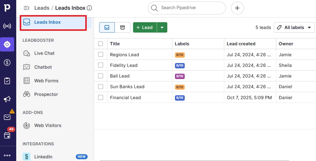 Customer acquisition solutions Pipedrive LeadBooster inbox