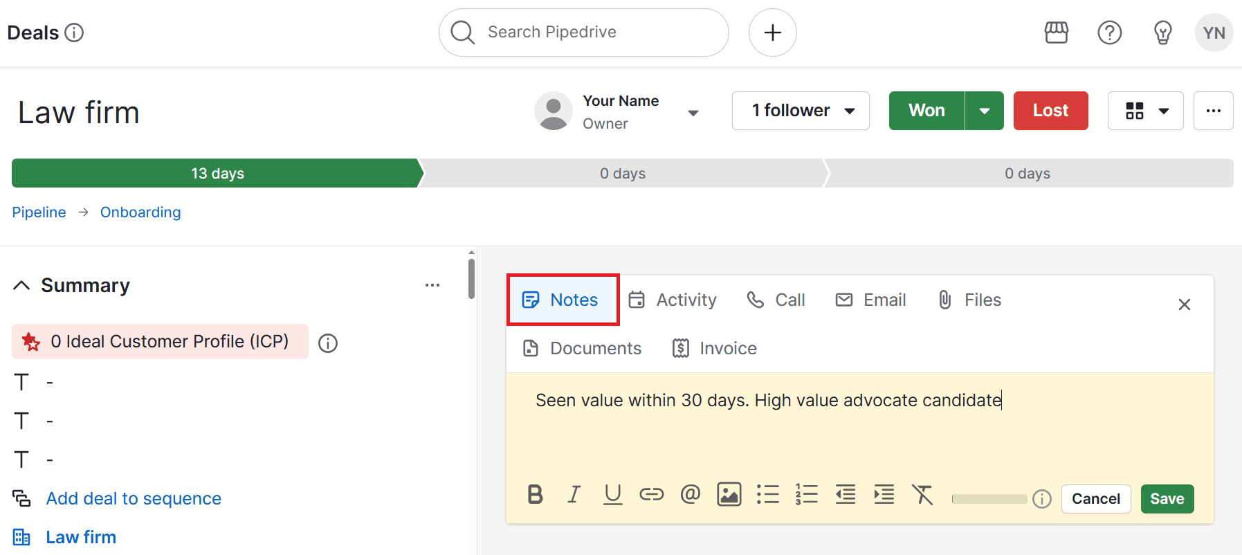 Customer advocacy Pipedrive CRM notes