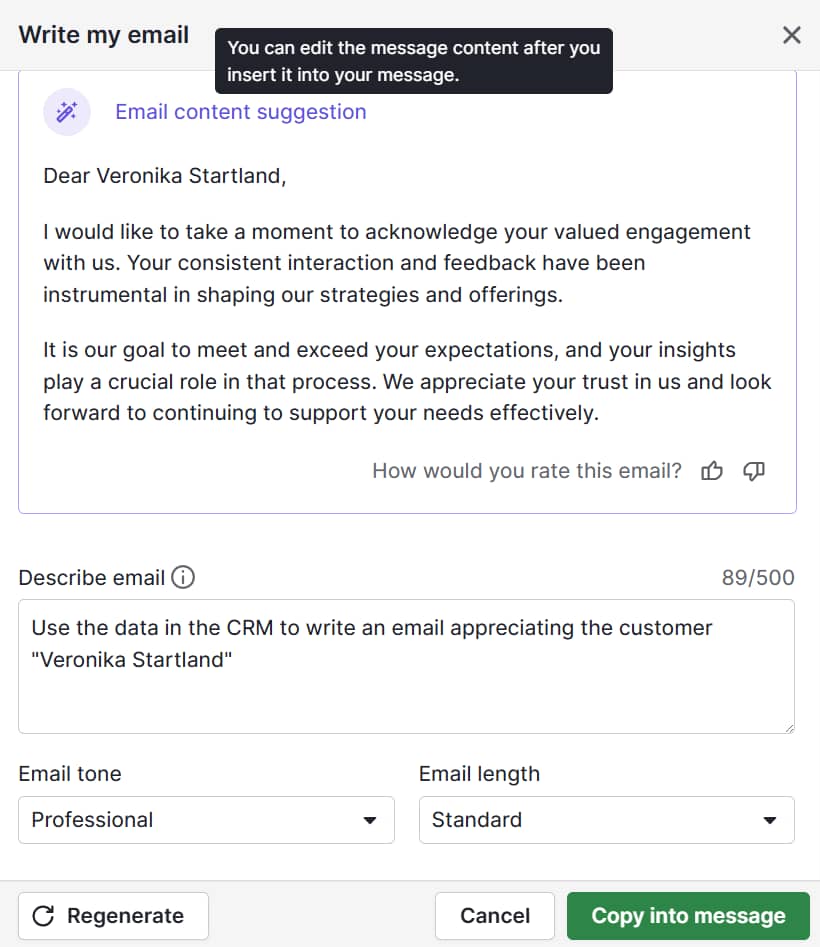 Customer appreciation Pipedrive AI email writer output