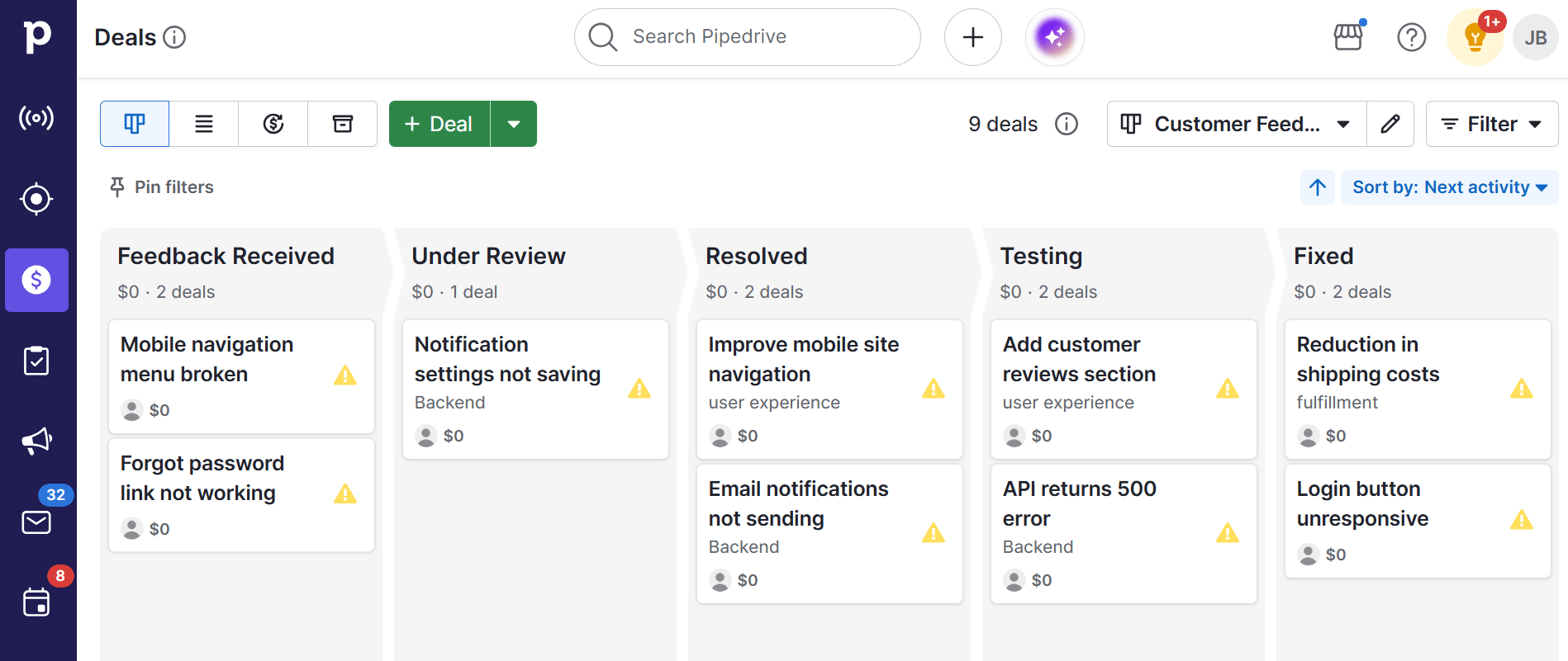Customer appreciation Pipedrive feedback tracker