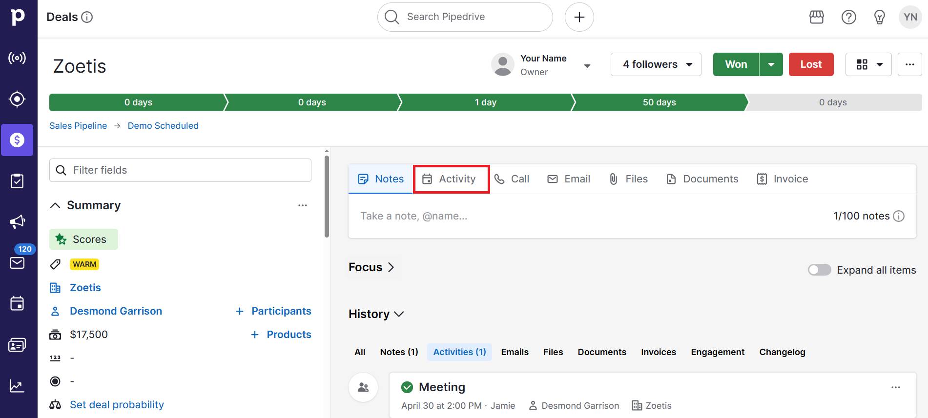 Customer complaints Pipedrive activity