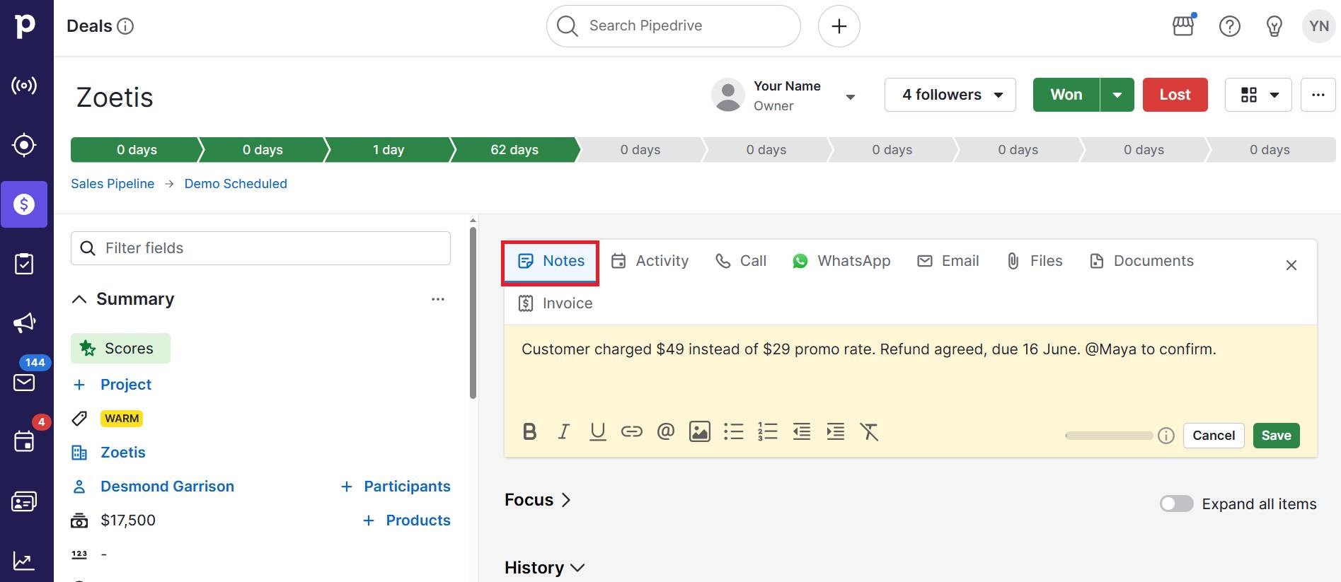 Customer complaints Pipedrive notes