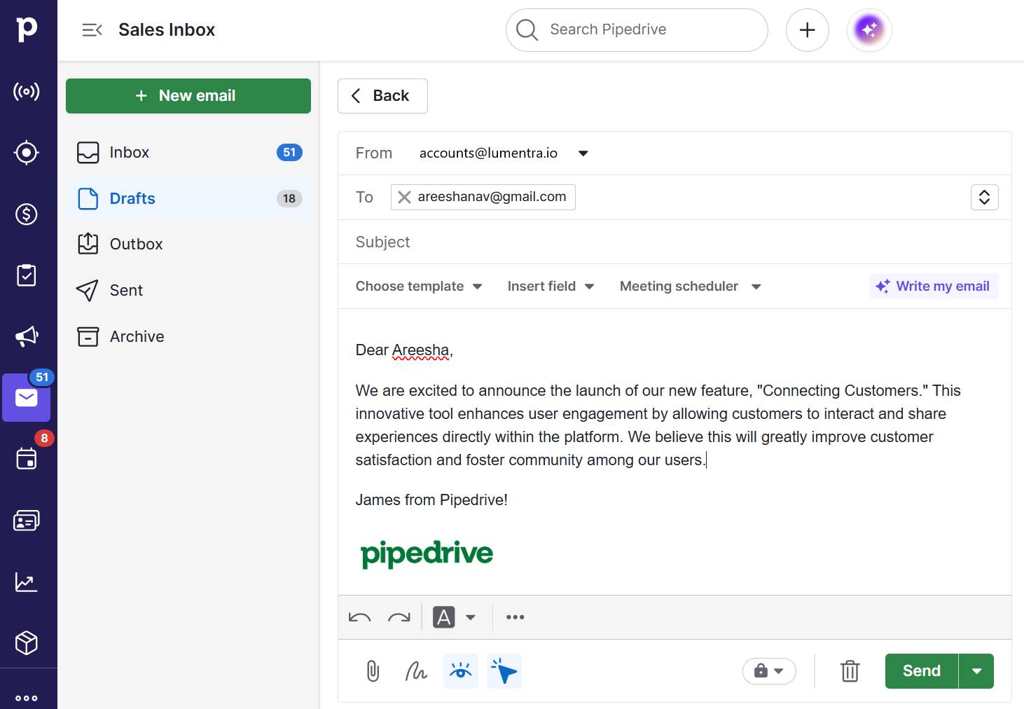  Customer connection Pipedrive AI email writer