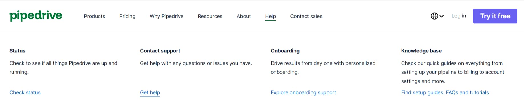 Customer empowerment Pipedrive help menu
