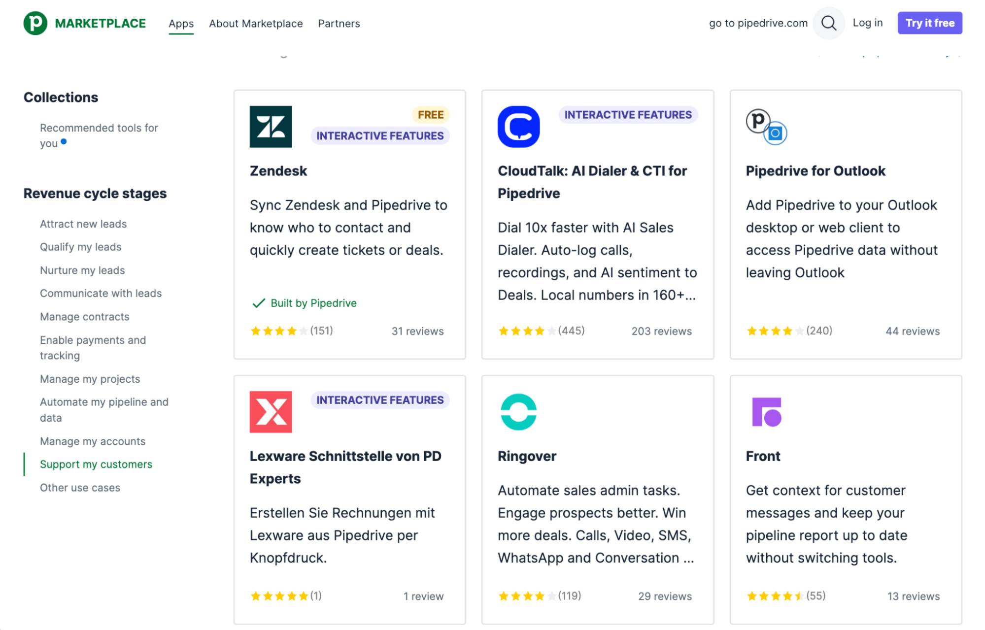 Customer experience Pipedrive Marketplace support apps