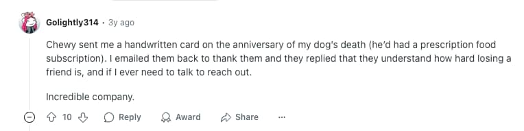 Customer intimacy Chewy review on Reddit