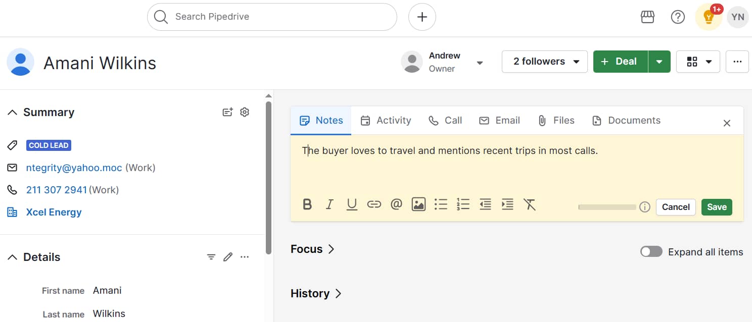 Customer intimacy Pipedrive Notes interface