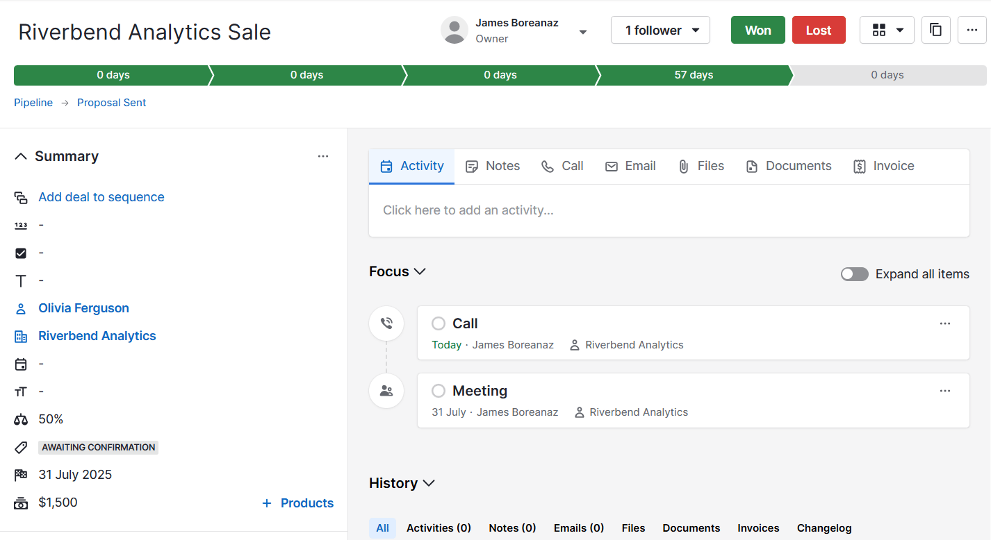 Customer is always right Pipedrive deal history screen