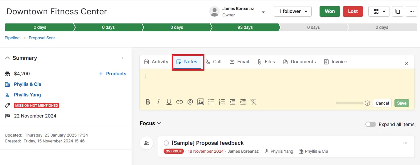 Customer obsession Pipedrive notes