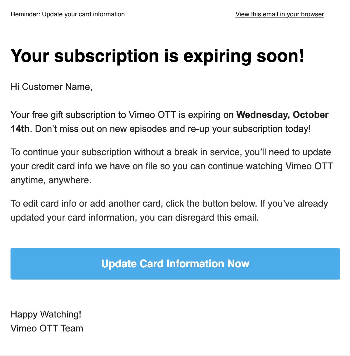 Customer retention marketing Vimeo email