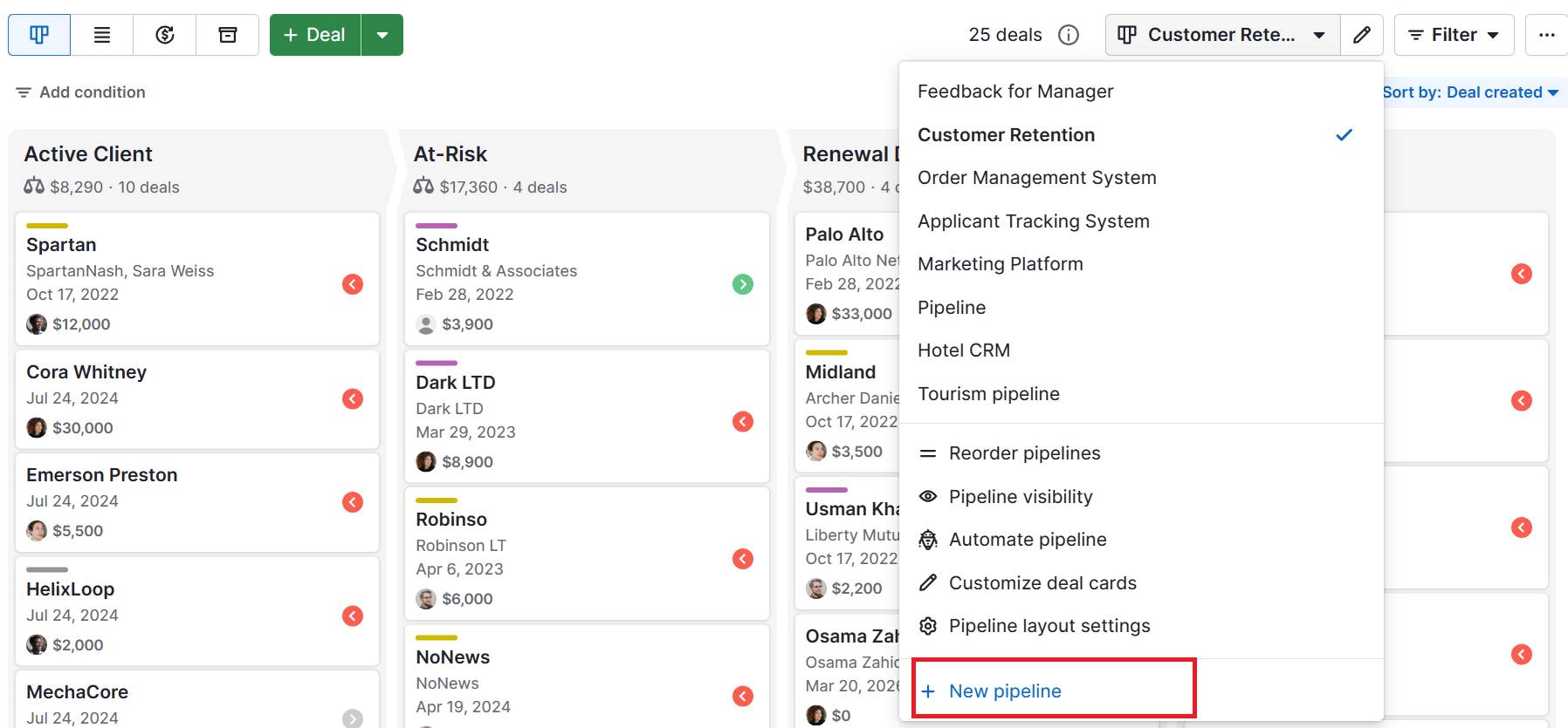 Customer retention software Pipedrive adding new pipeline