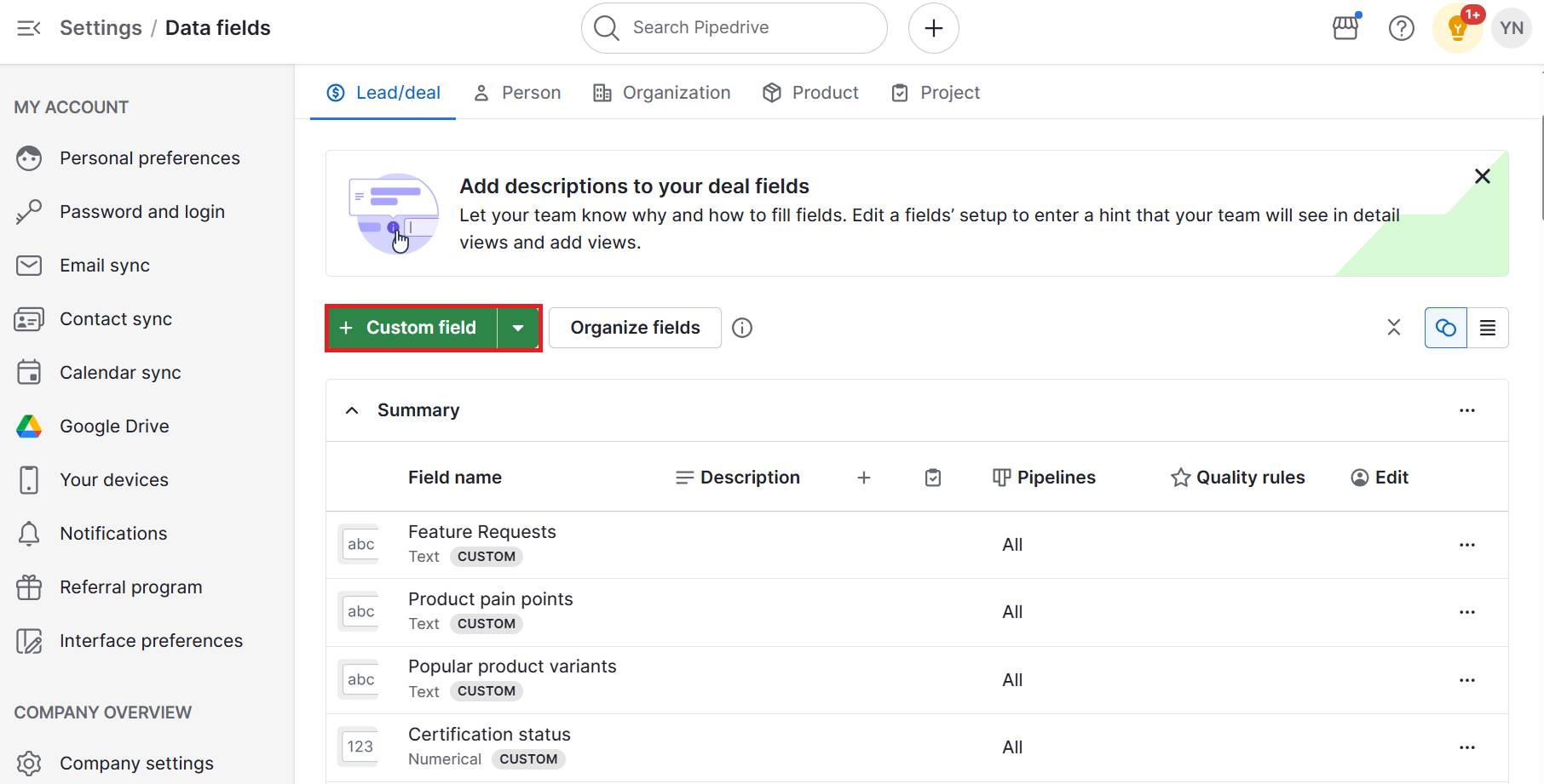 Customer retention software Pipedrive custom fields