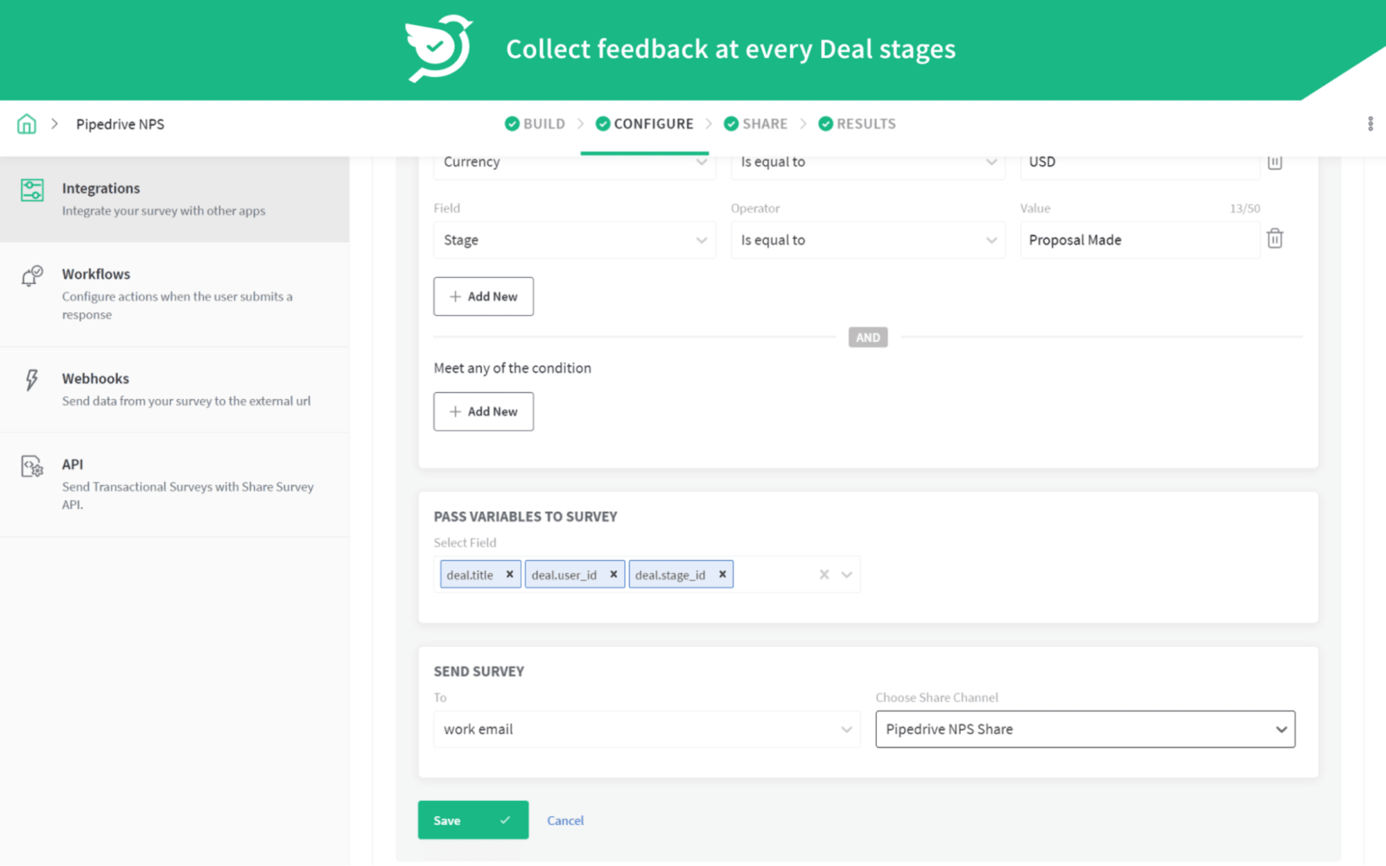 Customer retention software SurveySparrow Pipedrive integration 