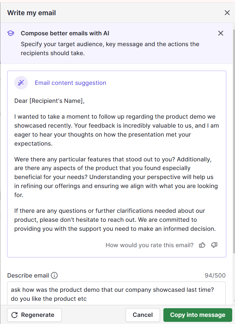 Customer satisfaction Pipedrive AI email writer