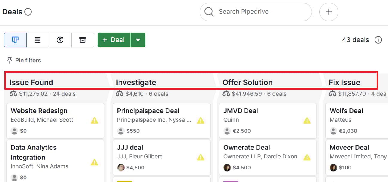 Customer value Pipedrive custom deal stages