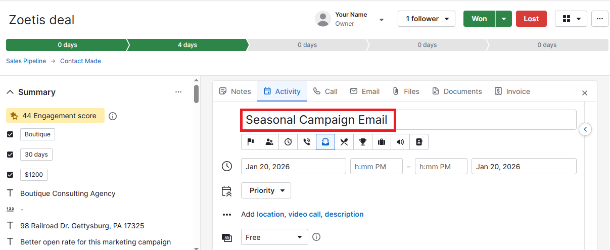Digital marketing calendar Pipedrive creating activity