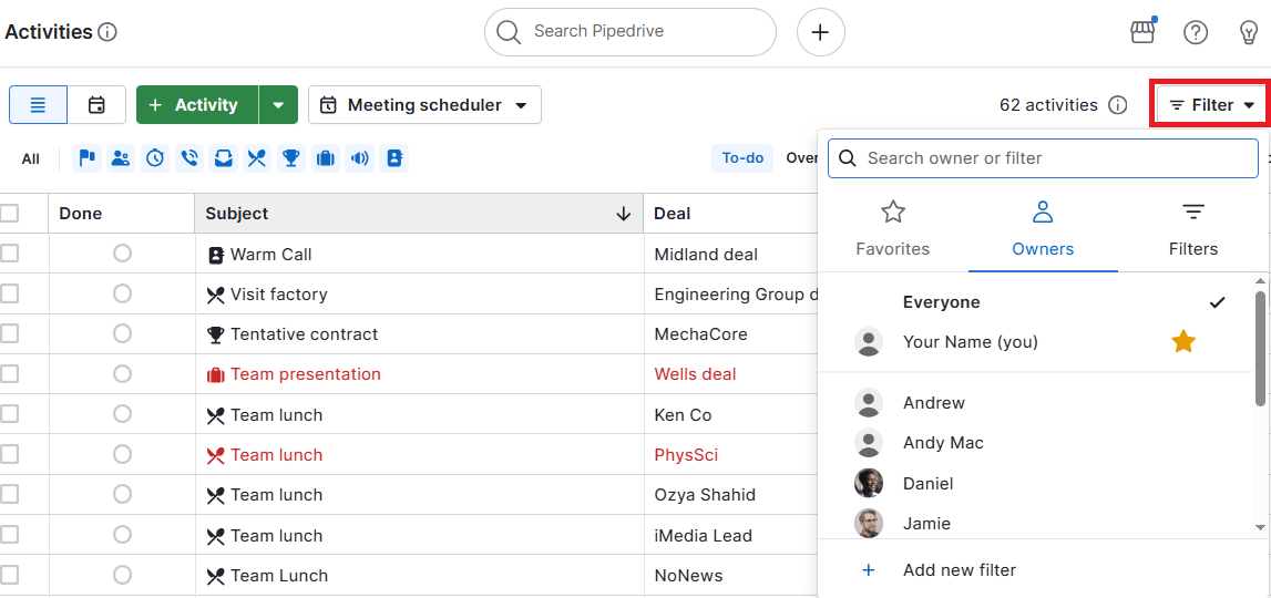  Digital marketing calendar Pipedrive filter activity