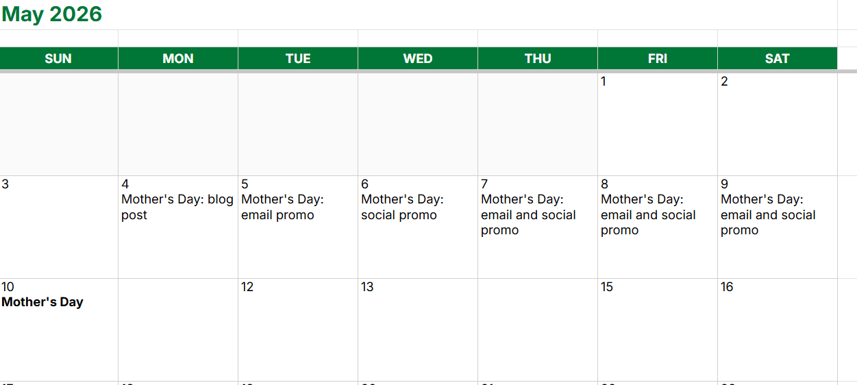 Digital marketing calendar Pipedrive template calendar view example