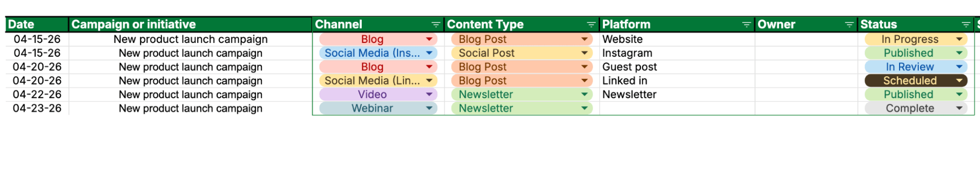 Digital marketing calendar Pipedrive template new product launch example