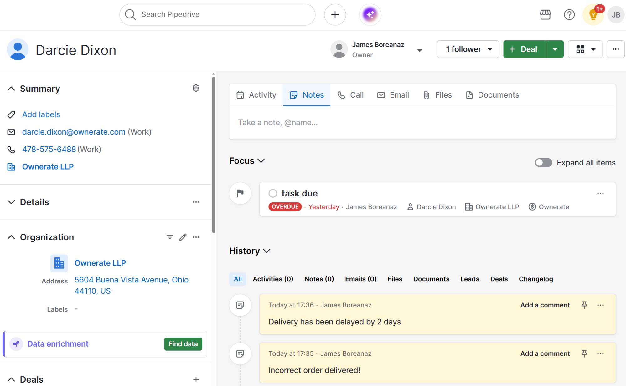 Digital sales Pipedrive customer notes