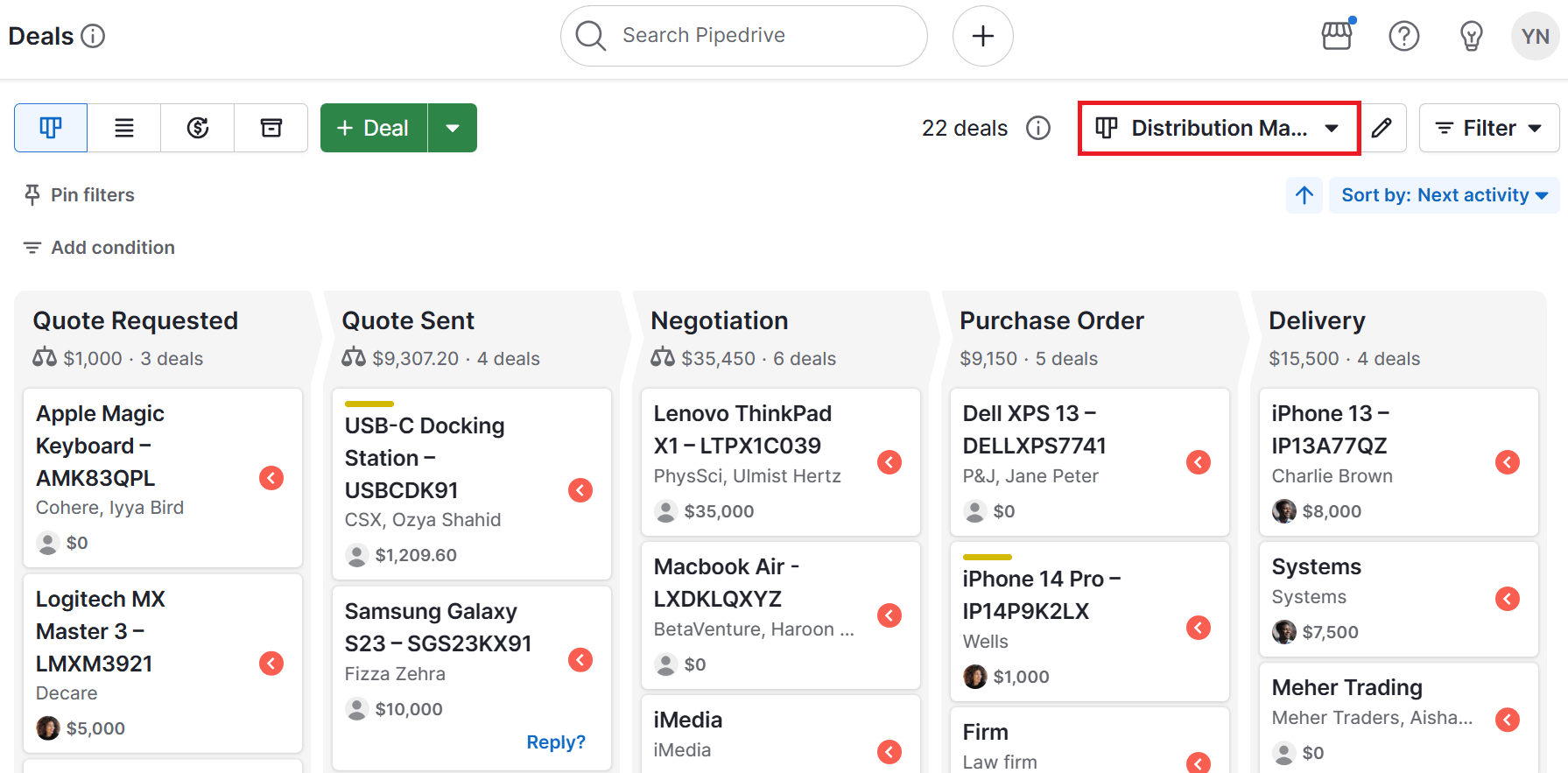 Distribution management software Pipedrive deal stages
