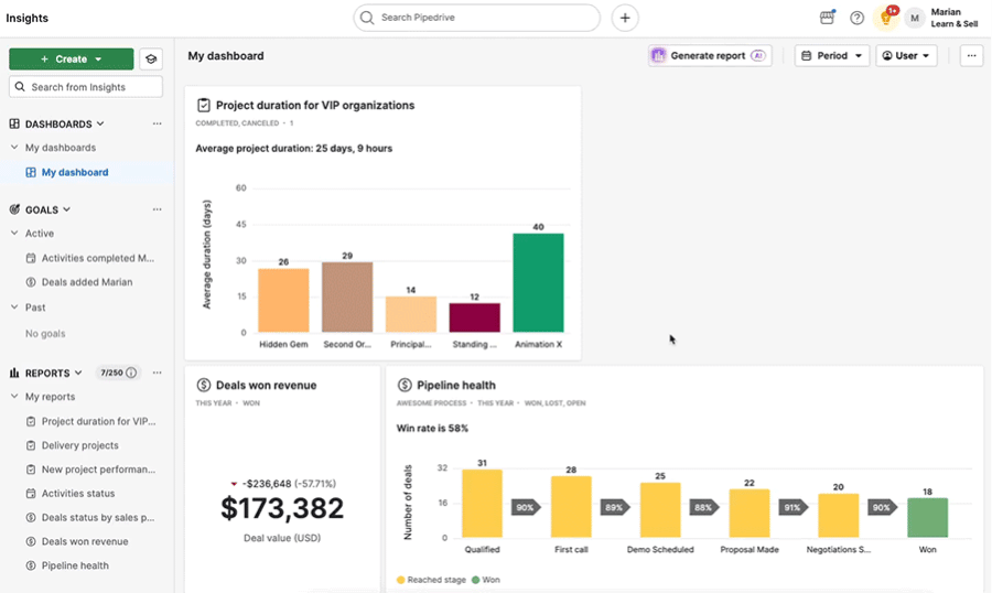 Dragging and resizing reports on a Pipedrive Insights dashboard