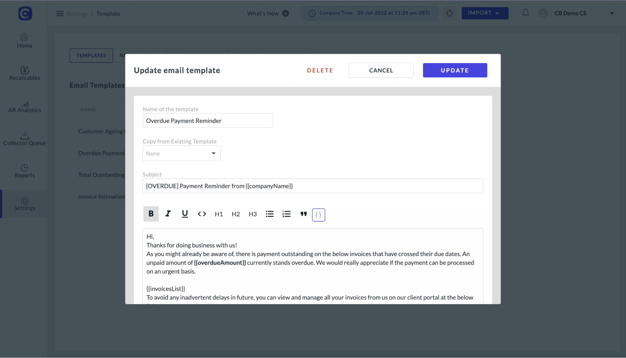 Dunning management system Chargebee follow-up email example
