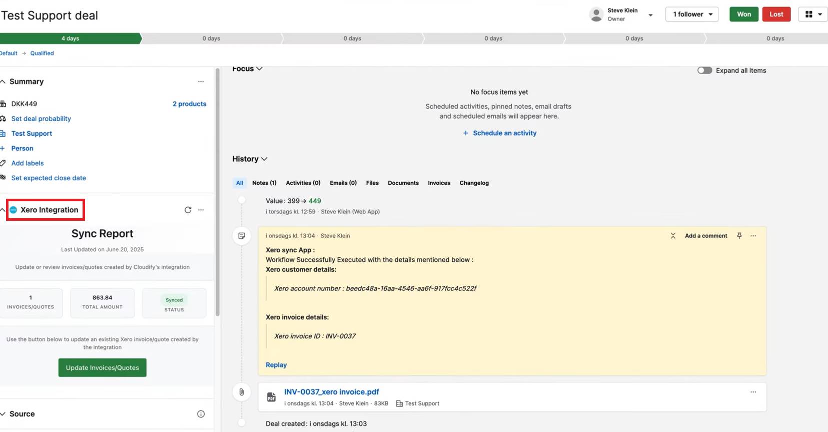 Electrician CRM Pipedrive Xero integration